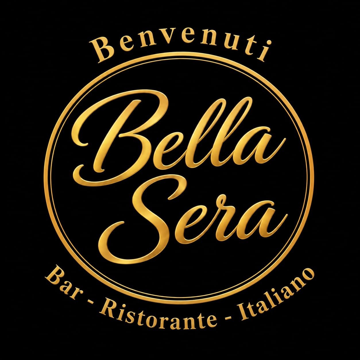 Gold Bella Sera welcome sign on a black background