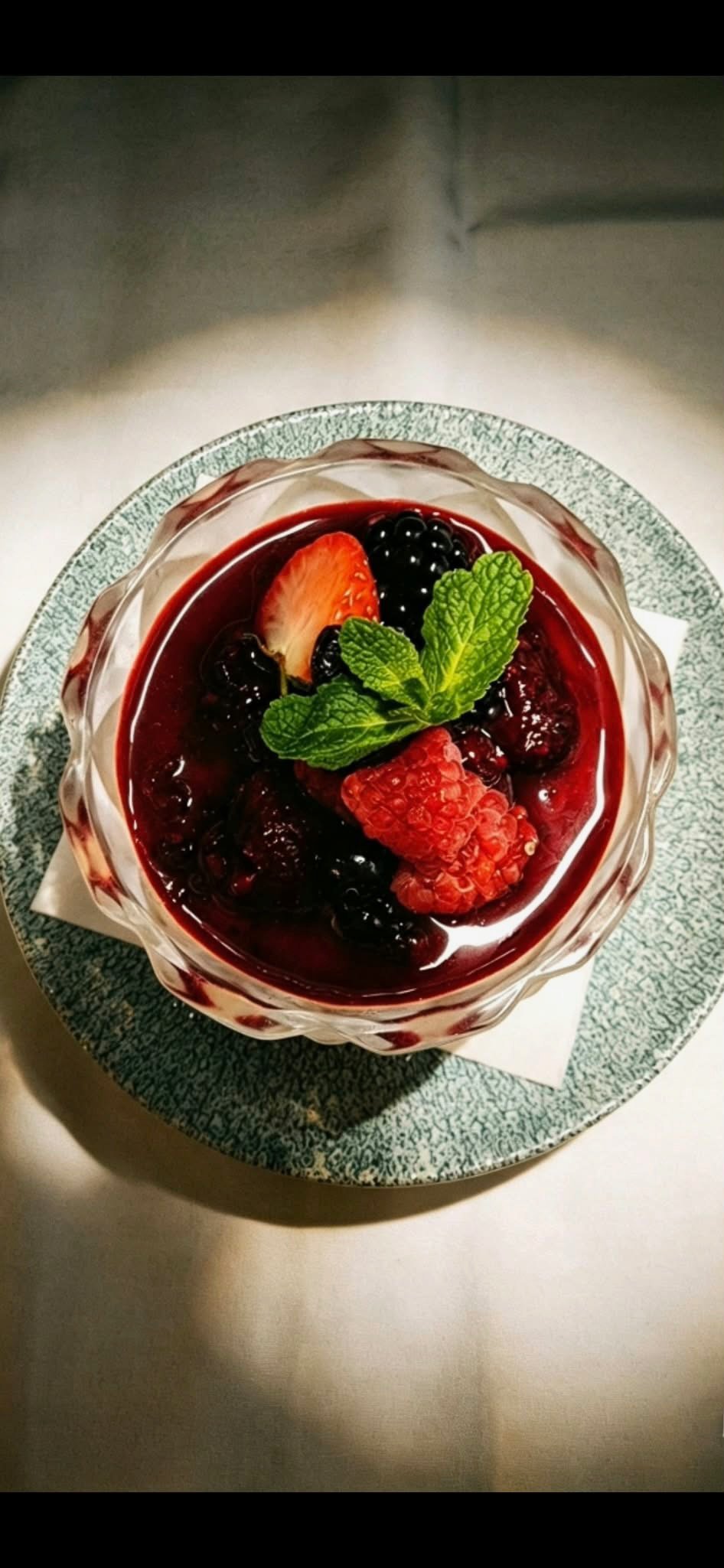 Overhead view of a dessert topped with berries and mint
