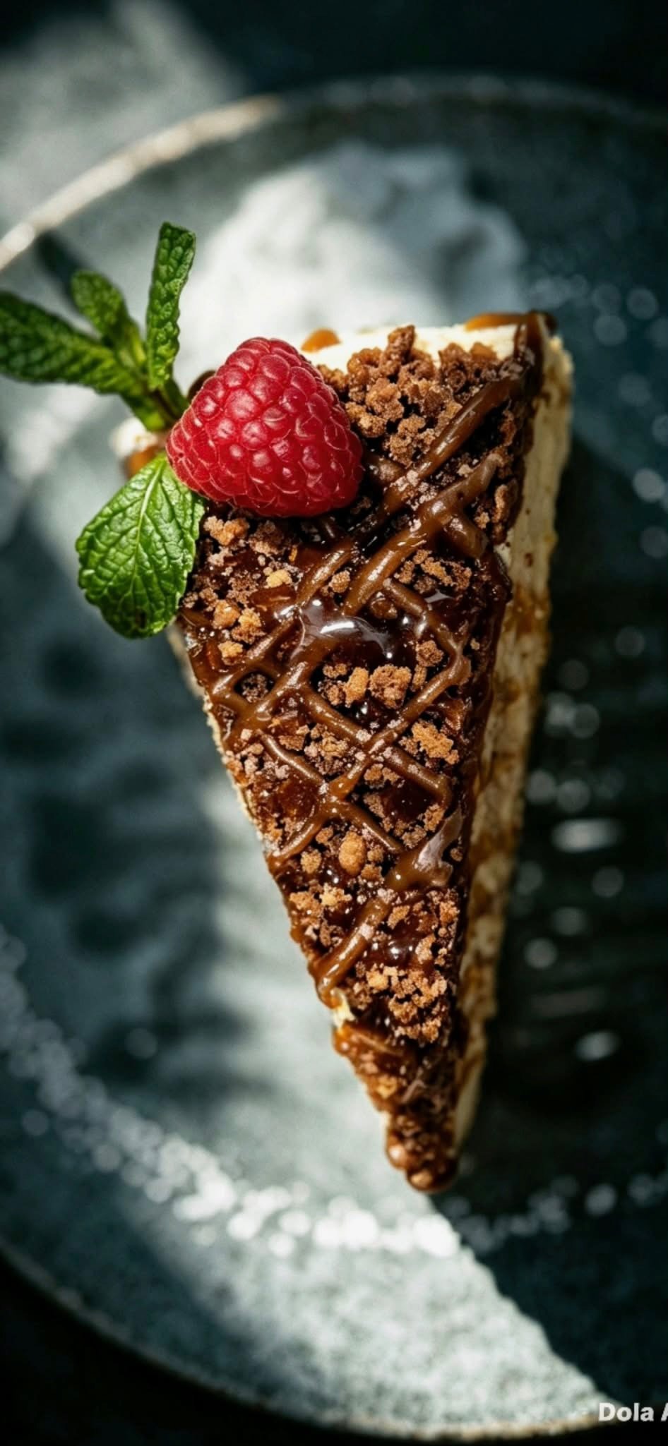 A chocolate-topped dessert with raspberry and mint
