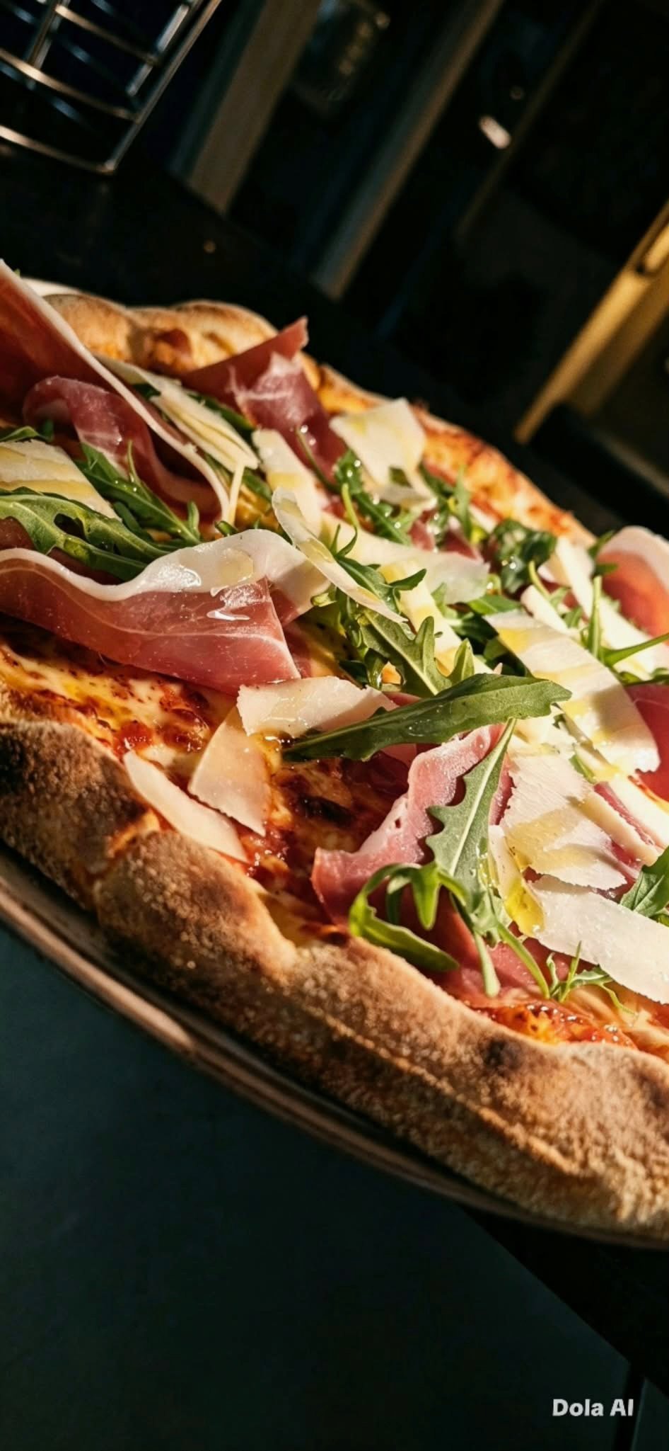 Pizza topped with prosciutto, rocket and shaved cheese