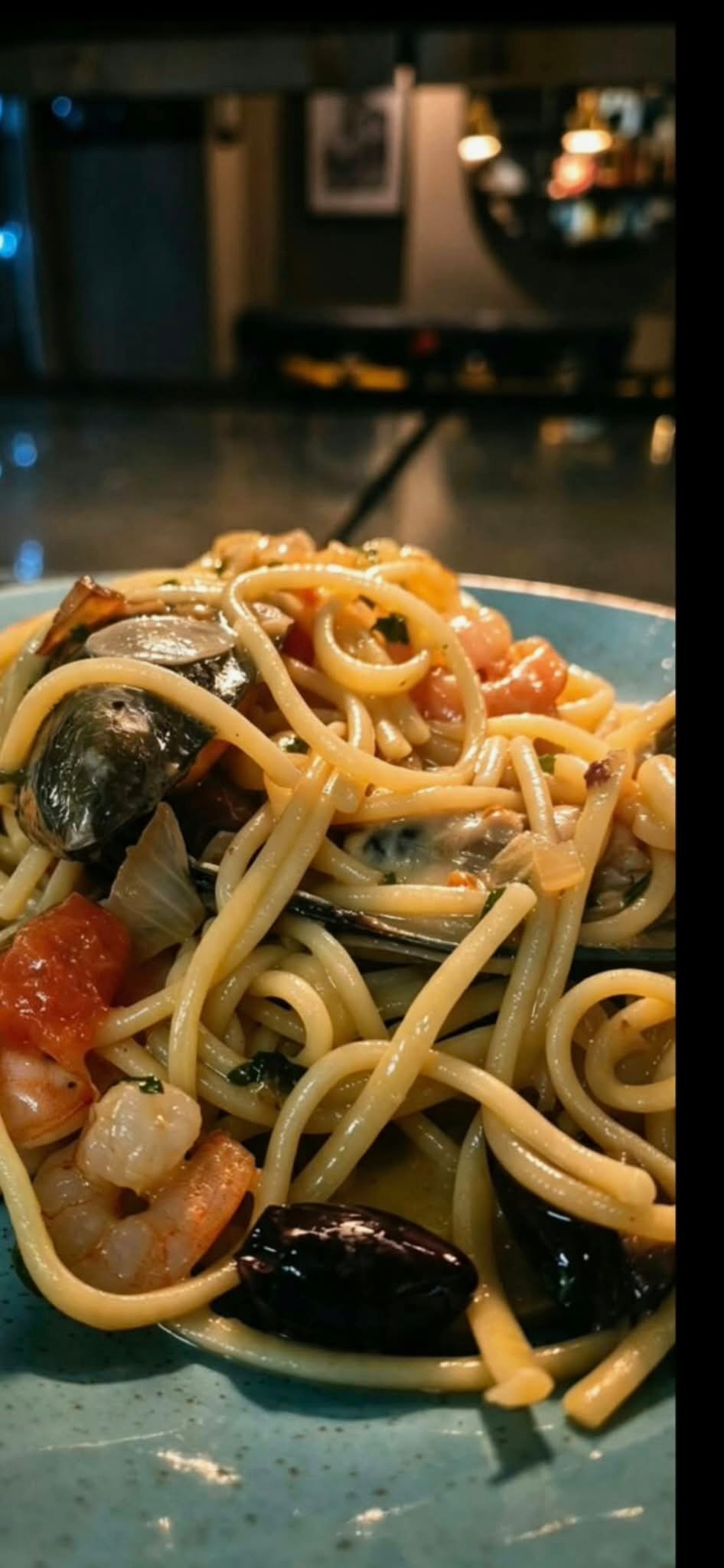 Seafood pasta with mussels and prawns
