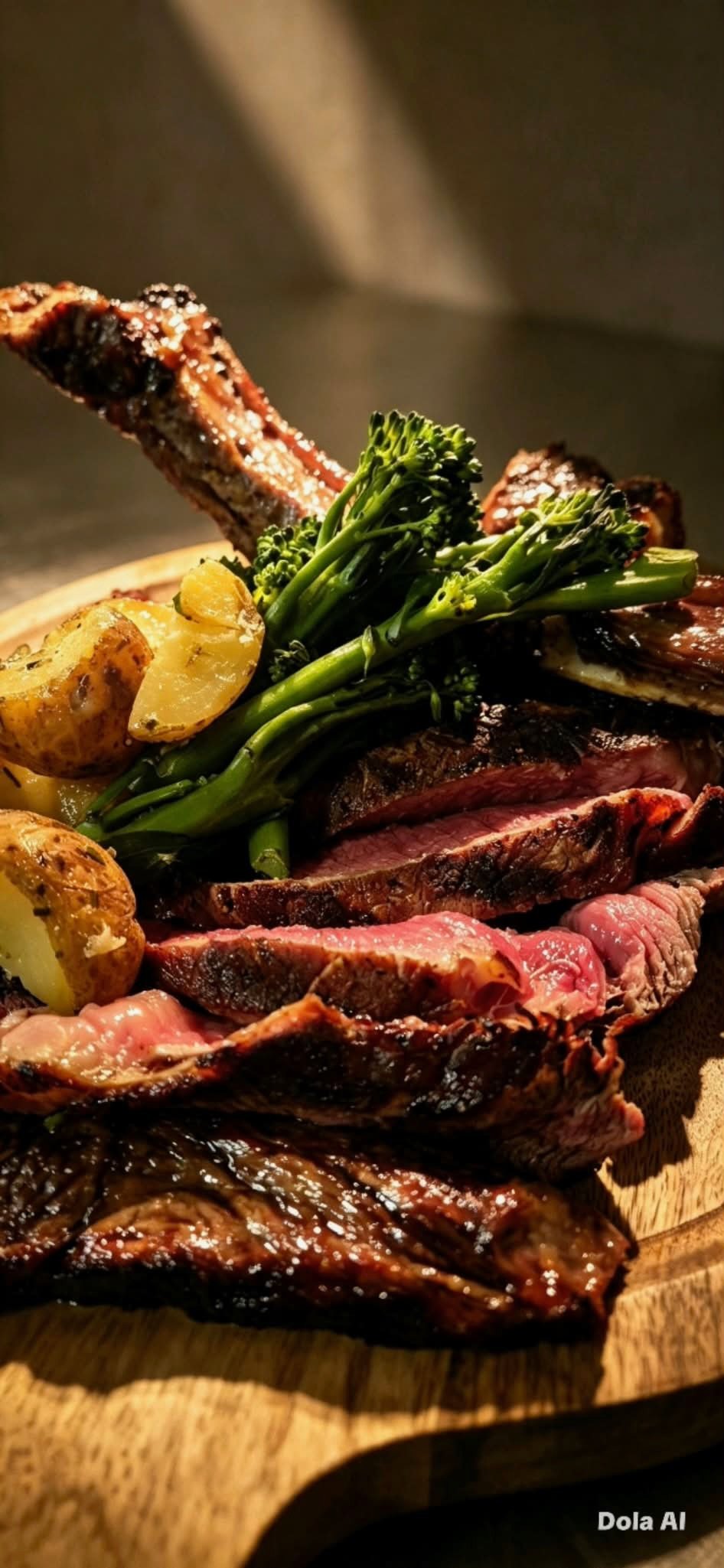Sliced steak with potatoes and tenderstem broccoli